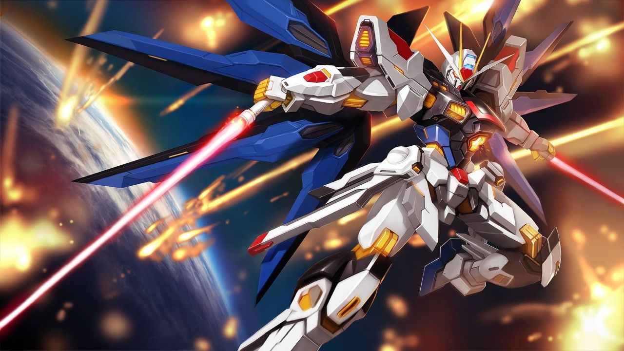 Freedom Gundam in action in space firing lasers