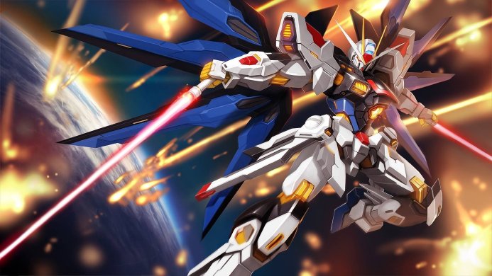 Gundam Freedom robot from Gundam Seed, with laser beams over earth