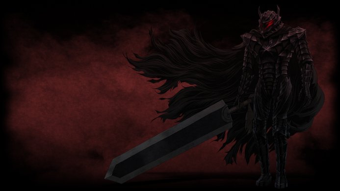 Guts from Berserk in black armor with a large sword on a dark red background