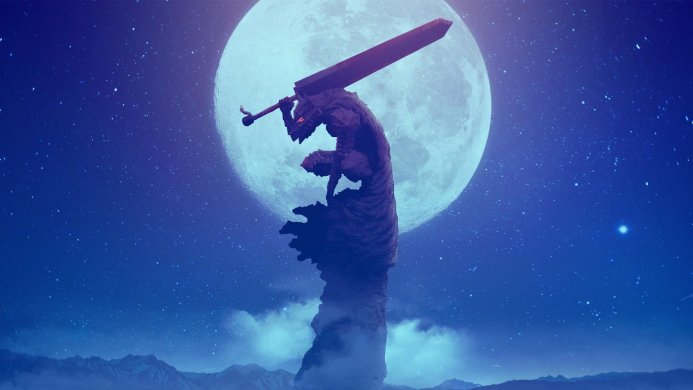 Guts from Berserk standing with his sword in front of a large moon