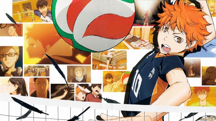 Collage of characters and scenes from the anime Haikyu!!, featuring Hinata Shoyo and a volleyball