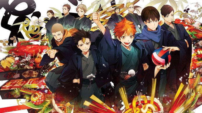 Haikyuu!! characters wearing traditional Japanese clothing, celebrating the New Year with decorations and food