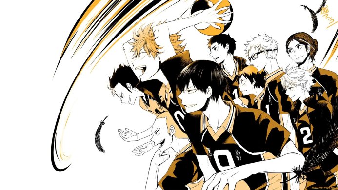 Haikyuu!! characters Hinata Shoyo and Kageyama Tobio with their volleyball team