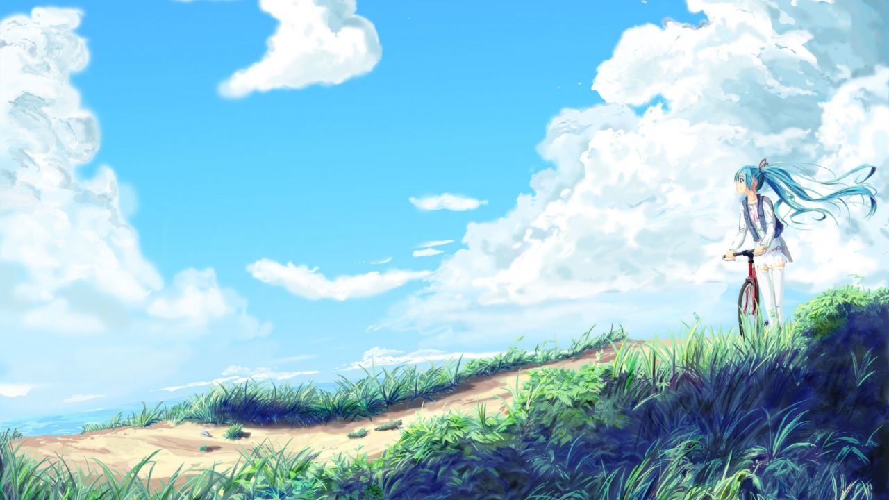 Hatsune Miku with bicycle on sunny hill path