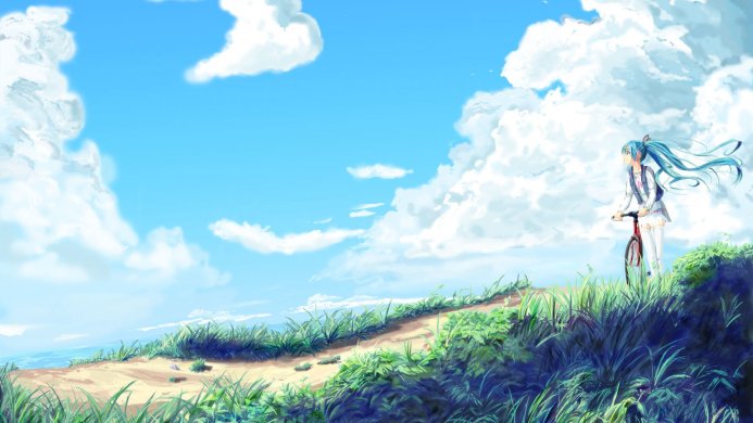 Hatsune Miku with her bicycle in a field against a blue sky with white clouds
