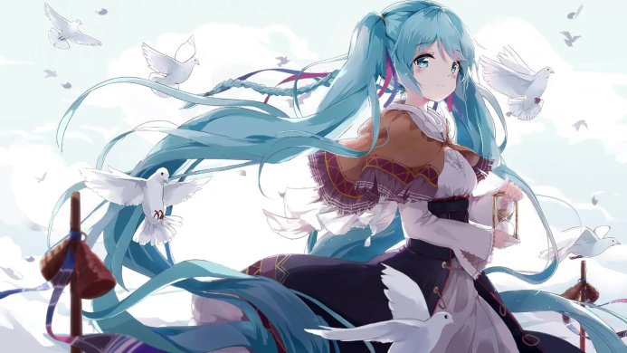 Hatsune Miku anime girl holding an hourglass with white doves flying around
