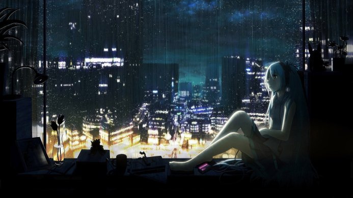 Hatsune Miku sitting at a window looking out at a rainy city at night