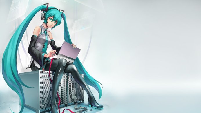 Hatsune Miku sitting on computer hardware, holding a tablet