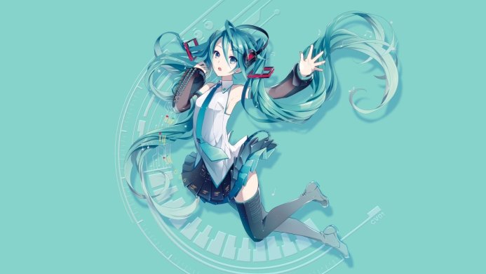 Hatsune Miku, a virtual idol from Vocaloid, singing with her signature turquoise hair and headphones