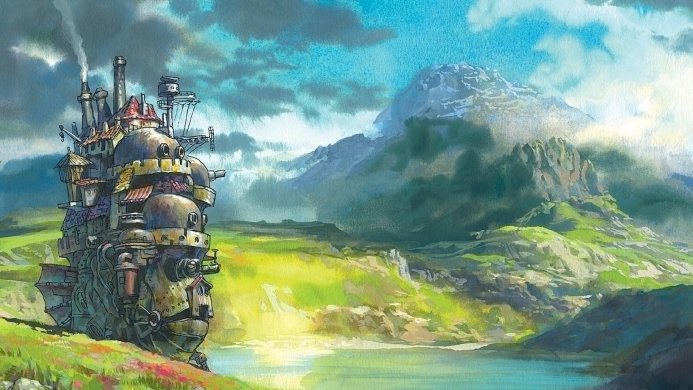 Howl's Moving Castle in a landscape with mountains and water
