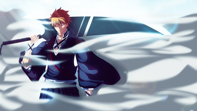 Ichigo Kurosaki from Bleach with his Zanpakuto sword in a dynamic pose, surrounded by white smoke