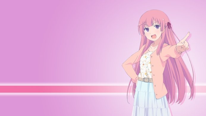 Ikuyo Kita from Bocchi the Rock!, pointing to the right, on a pink background
