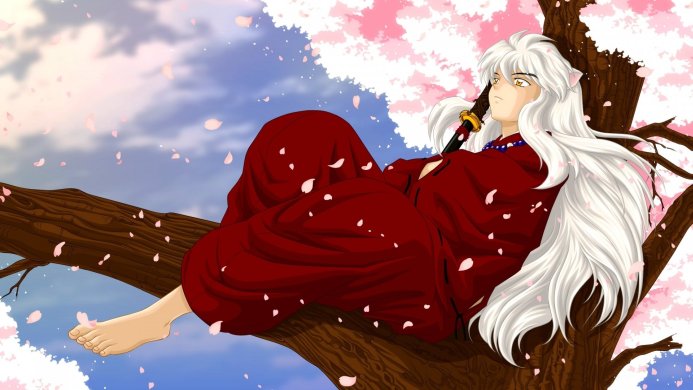 Inuyasha sitting on a tree branch under cherry blossoms, anime style