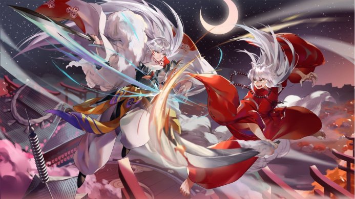 Inuyasha and Sesshomaru facing each other in a dynamic anime fight scene