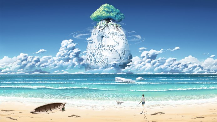 A boy and a dog on a beach looking at a floating island city