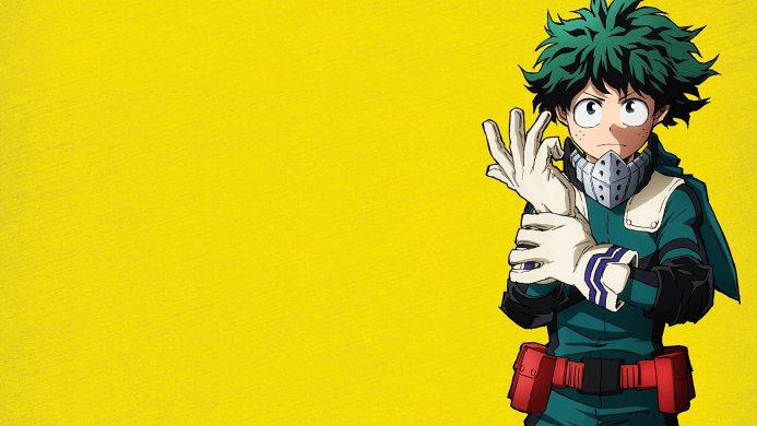 Izuku Midoriya (Deku) from My Hero Academia, wearing his hero costume and putting on gloves