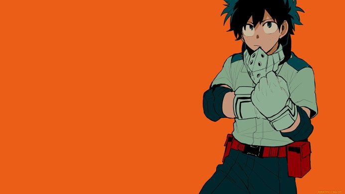 Izuku Midoriya (Deku) from My Hero Academia with clenched fists, mask and superhero costume on an orange background