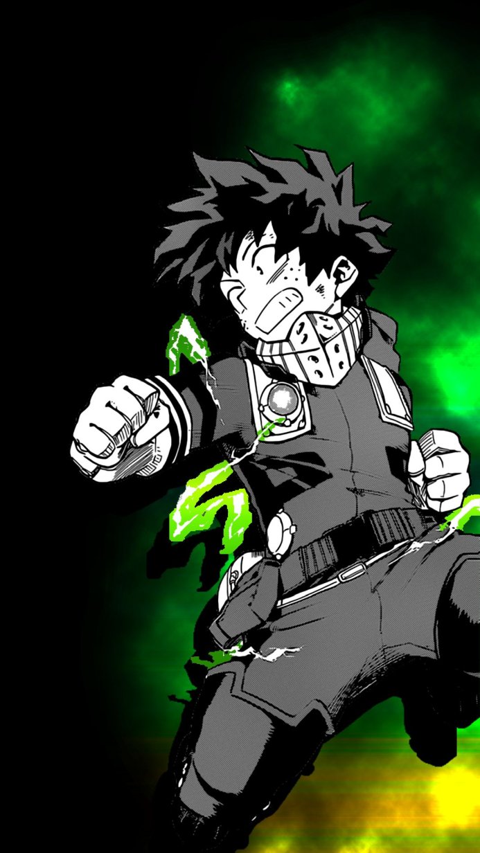 Izuku Midoriya (Deku) from My Hero Academia in action pose, monochrome with green energy