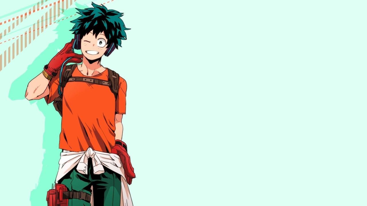 Izuku Midoriya with headphones winking and smiling