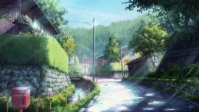 Japanese village landscape with torii gate, greenery and a red mailbox