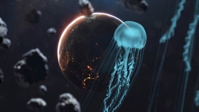 A jellyfish floating in space with a cracked, fiery planet and asteroids in the background