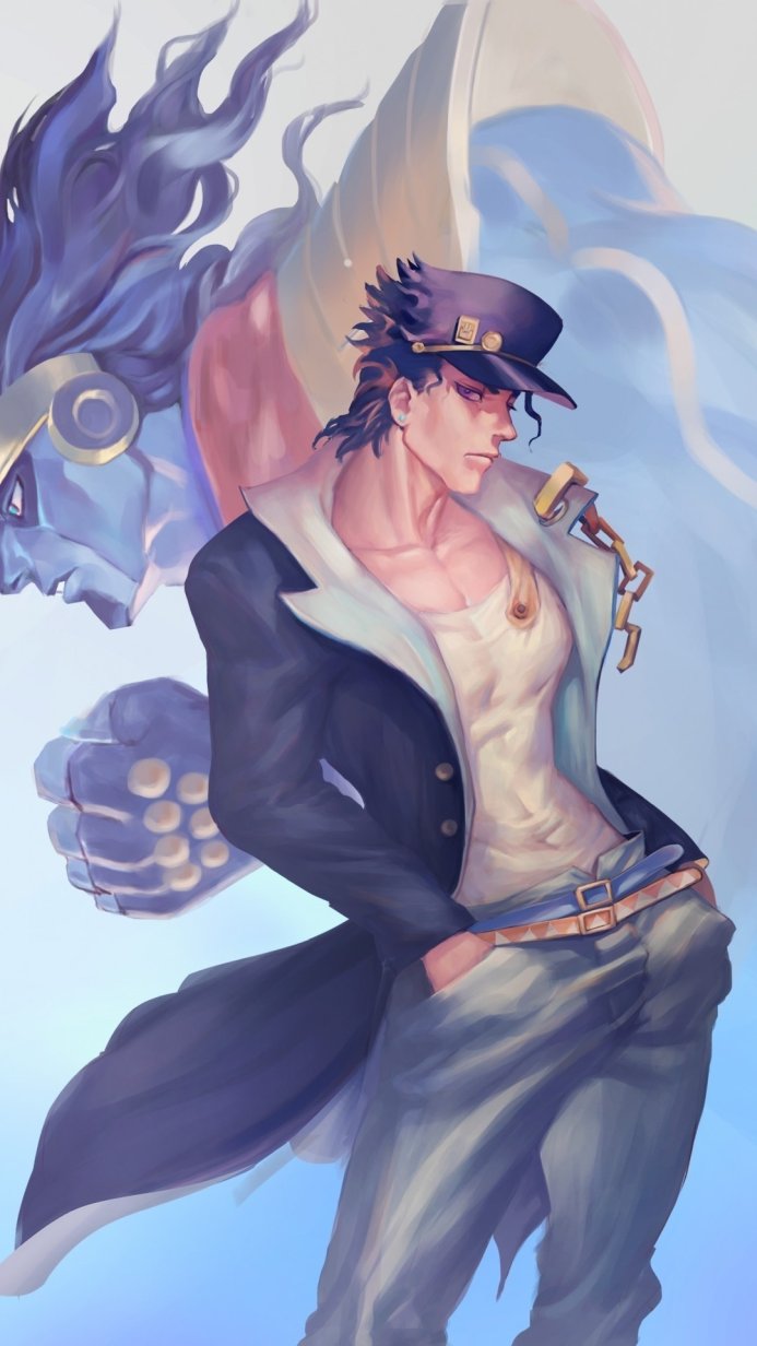 Jotaro Kujo and his stand, Star Platinum, from JoJo's Bizarre Adventure