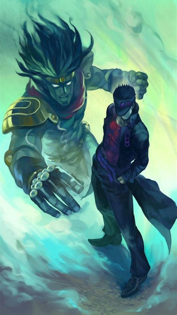 Jotaro Kujo and his Stand Star Platinum from JoJo's Bizarre Adventure