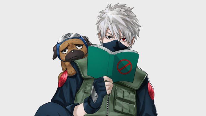 Kakashi Hatake reading a book with Pakkun the pug on his shoulder from Naruto