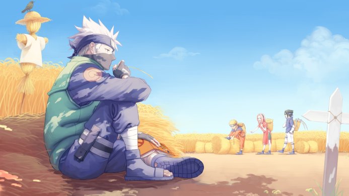 Kakashi and Team 7 from Naruto working in a field during harvest time