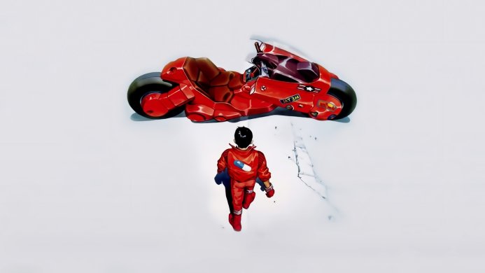 Kaneda from Akira stands before his iconic red motorcycle on a white surface