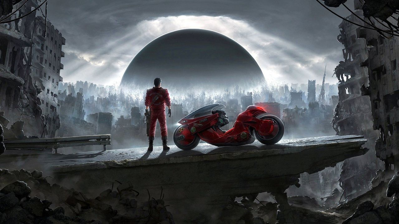 Kaneda and red motorcycle in a ruined city from Akira