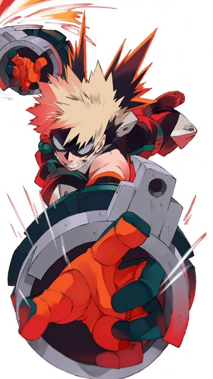 Katsuki Bakugo from My Hero Academia in action pose with gauntlets
