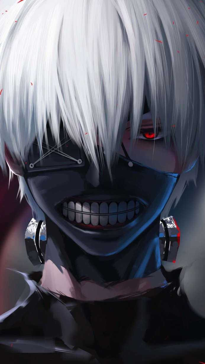 Ken Kaneki from Tokyo Ghoul with a mask and glowing red eye