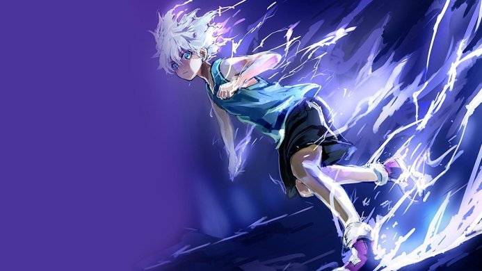 Killua Zoldyck from Hunter x Hunter with lightning effects, running at high speed
