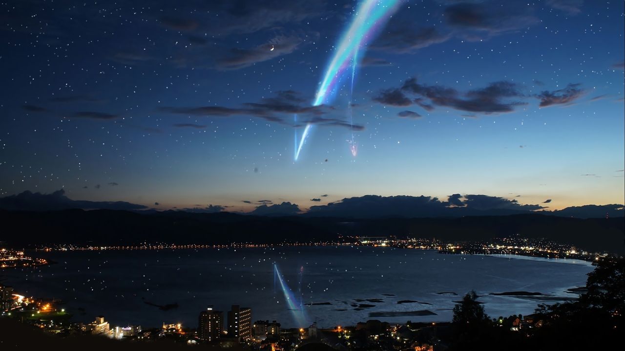 Night sky over lake city lights comet trails anime art