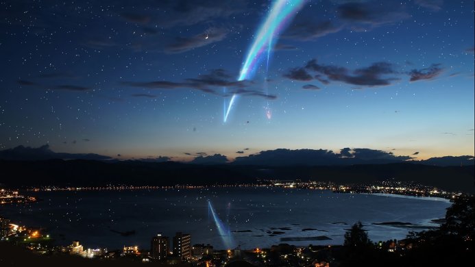 Night sky with comets over a city, inspired by Kimi no Na wa (Your Name)