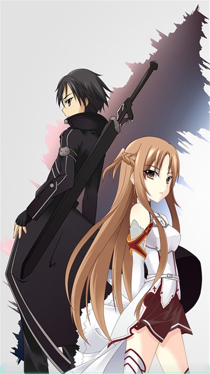 Kirito and Asuna from Sword Art Online. Kirito with a sword and Asuna with long hair