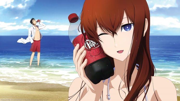 Kurisu Makise and Okabe Rintaro from Steins;Gate at the beach with Dr. Pepper
