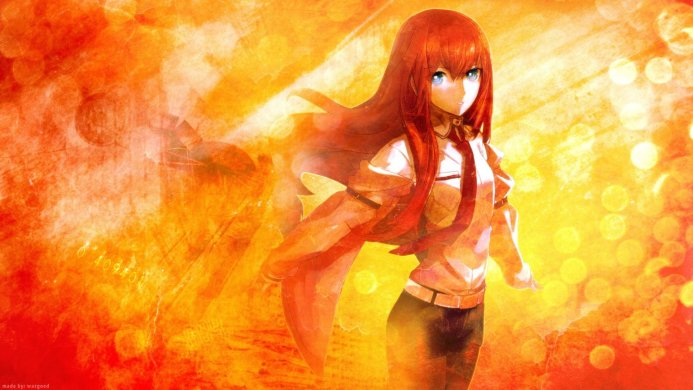 Kurisu Makise from Steins;Gate anime on a yellow and orange background