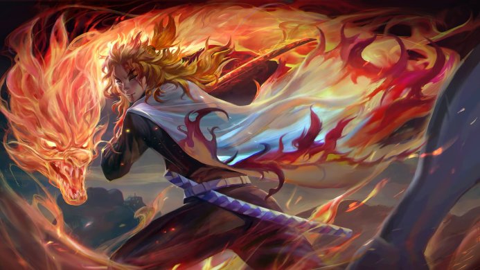 Kyojuro Rengoku, a character from Demon Slayer, with a fire dragon