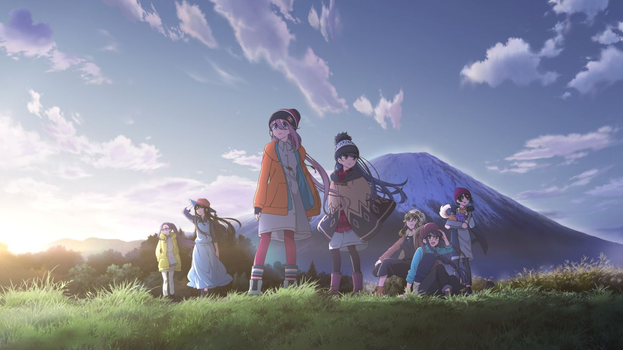 Yuru Camp characters group shot with Mt Fuji at sunrise