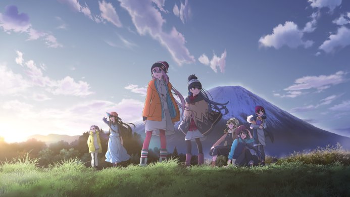 Group of anime girls from Laid-Back Camp enjoying a day outdoors with Mount Fuji in the background