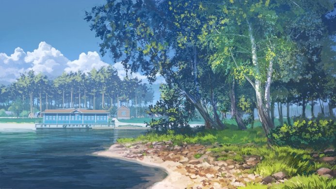 A calm lake with a blue building on the water and trees around it