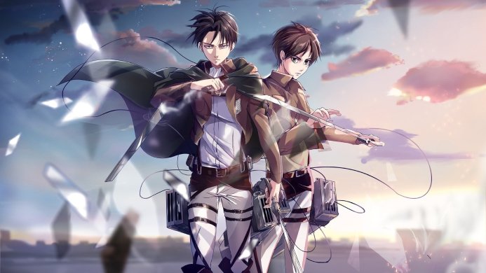 Levi Ackerman and Eren Yeager from Attack on Titan, standing back to back with swords