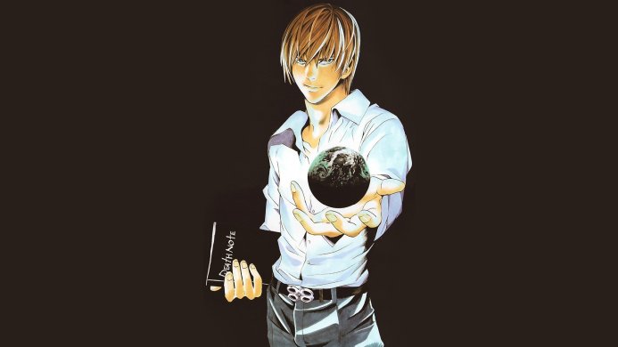 Light Yagami from Death Note holding a world in his hand and the Death Note book