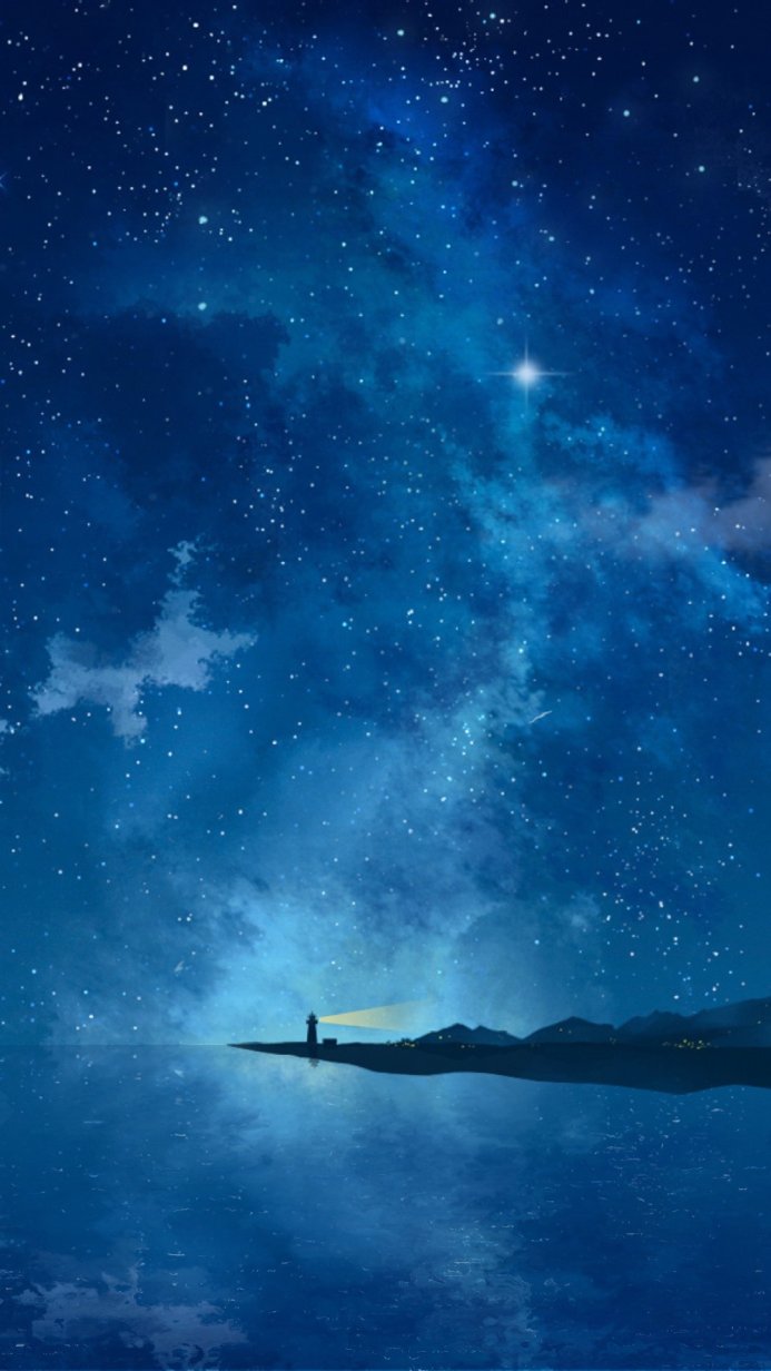 A lighthouse on the coast at night under a starry sky reflecting on the water