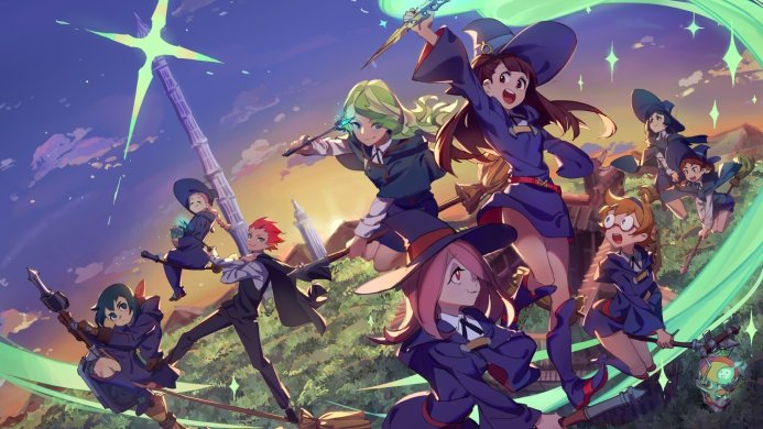 Group of witches flying on broomsticks from Little Witch Academia anime series