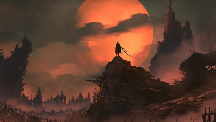 A lone warrior stands on a rock against the backdrop of a ruined city and a large orange moon