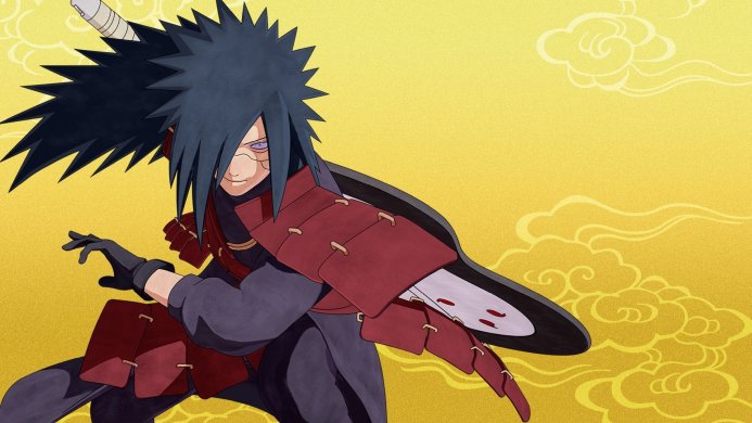 Madara Uchiha from Naruto in a red and black warrior outfit, with a yellow background and sharingan eye