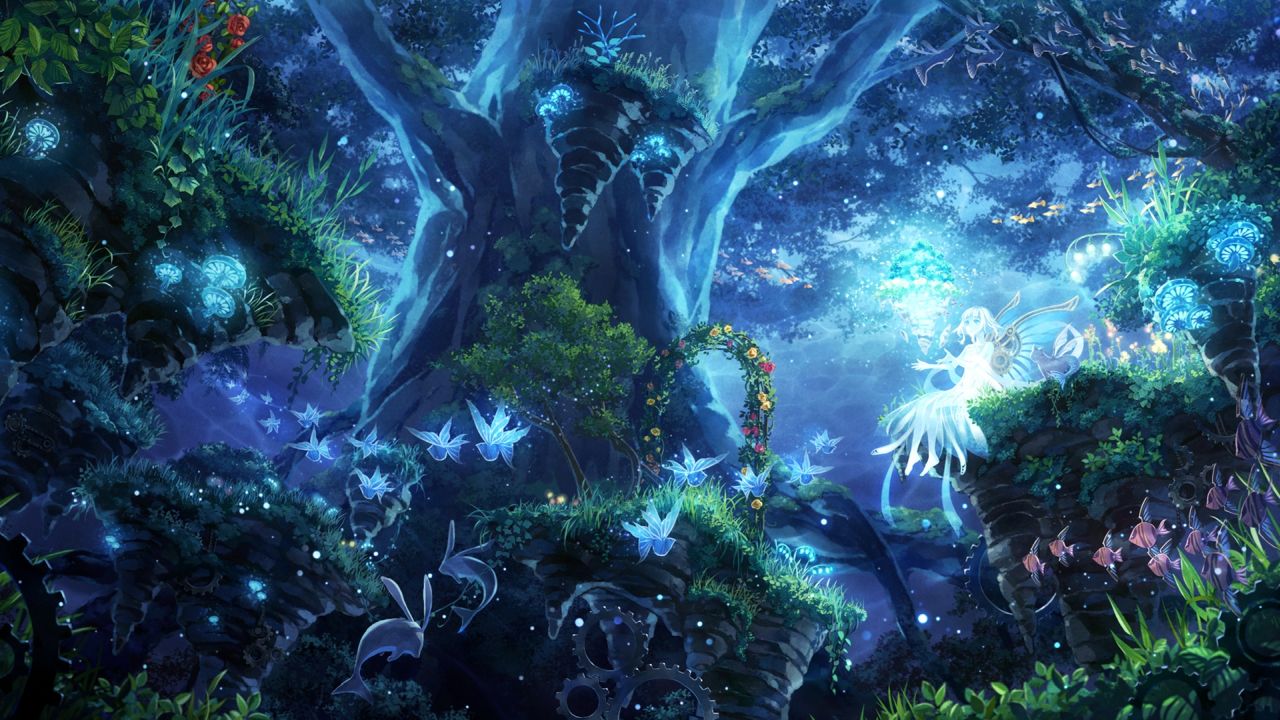 Glowing spirit in a magical blue forest with light